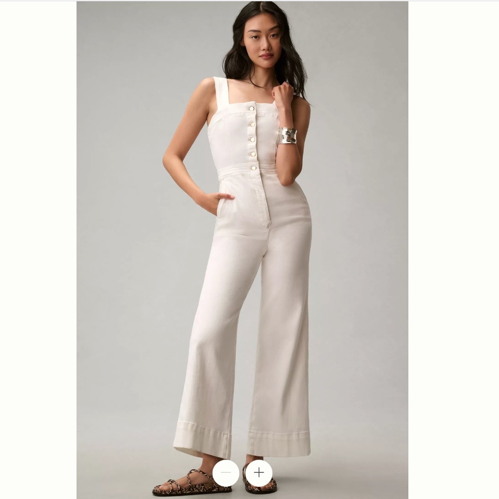 Anthropologie Cream Wide-Leg Button-Front Jumpsuit